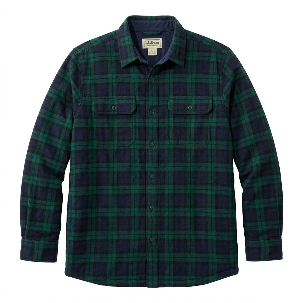 LL Bean Mens Large Tall Fleece Lined Flannel Shirt Jacket Plaid Green Shacket
